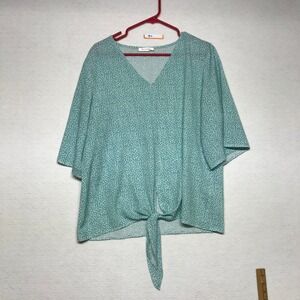 BLUETIME Womens Teal White Floral Print Tie Front V Neck 3/4 Sleeve Blouse Top L